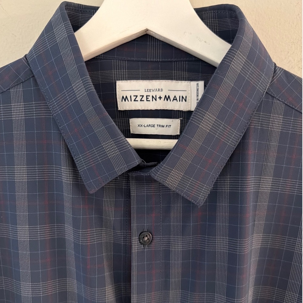Mizzen+Main Leeward Trim Fit Plaid Performance Dress Shirt XXL Blue Long Sleeve